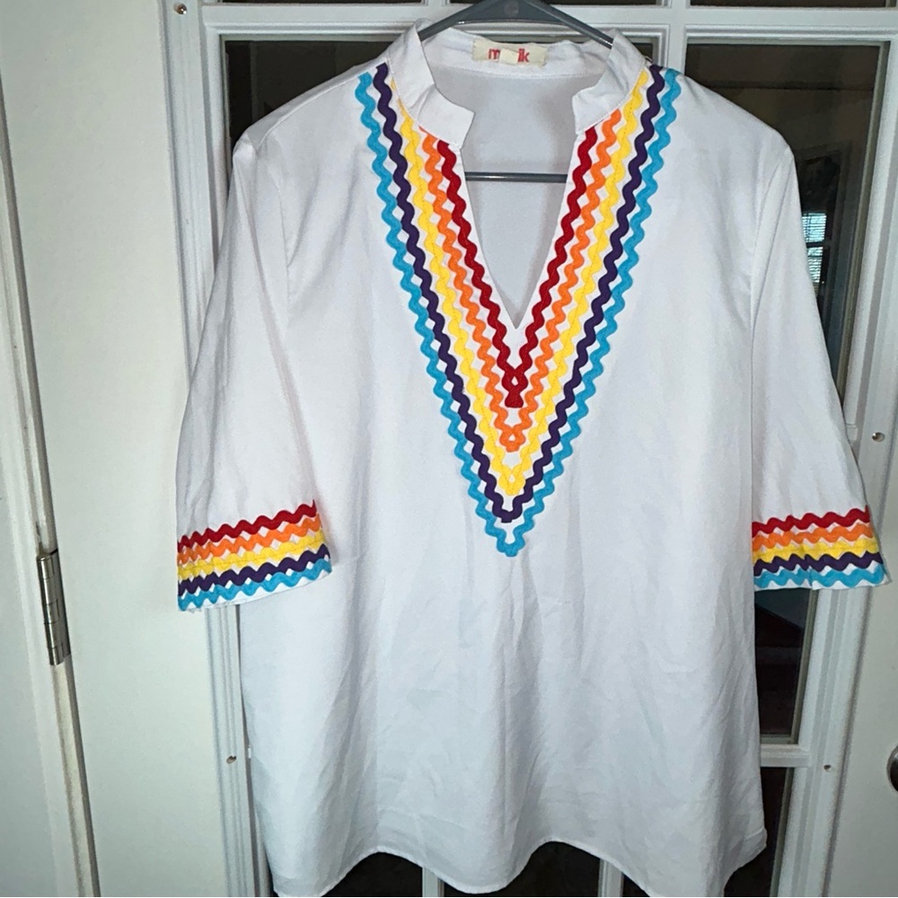 Mazik White Shirt with Rainbow Rickrack Accents Size Large‎